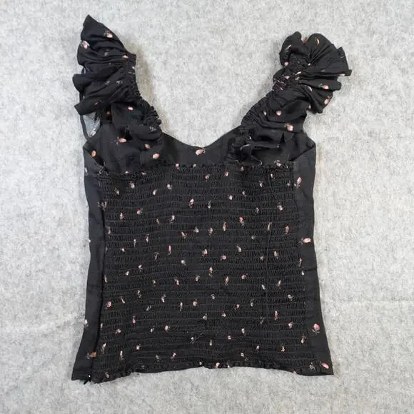 Reformation Top Womens 2 Elena Coco Black Rose Floral Ruffle Sweetheart Crepe - Picture 4 of 10